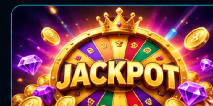 Colourful jackpot wheel with coins and gems