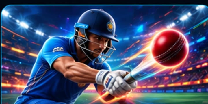 Virtual cricket player in a floodlit stadium